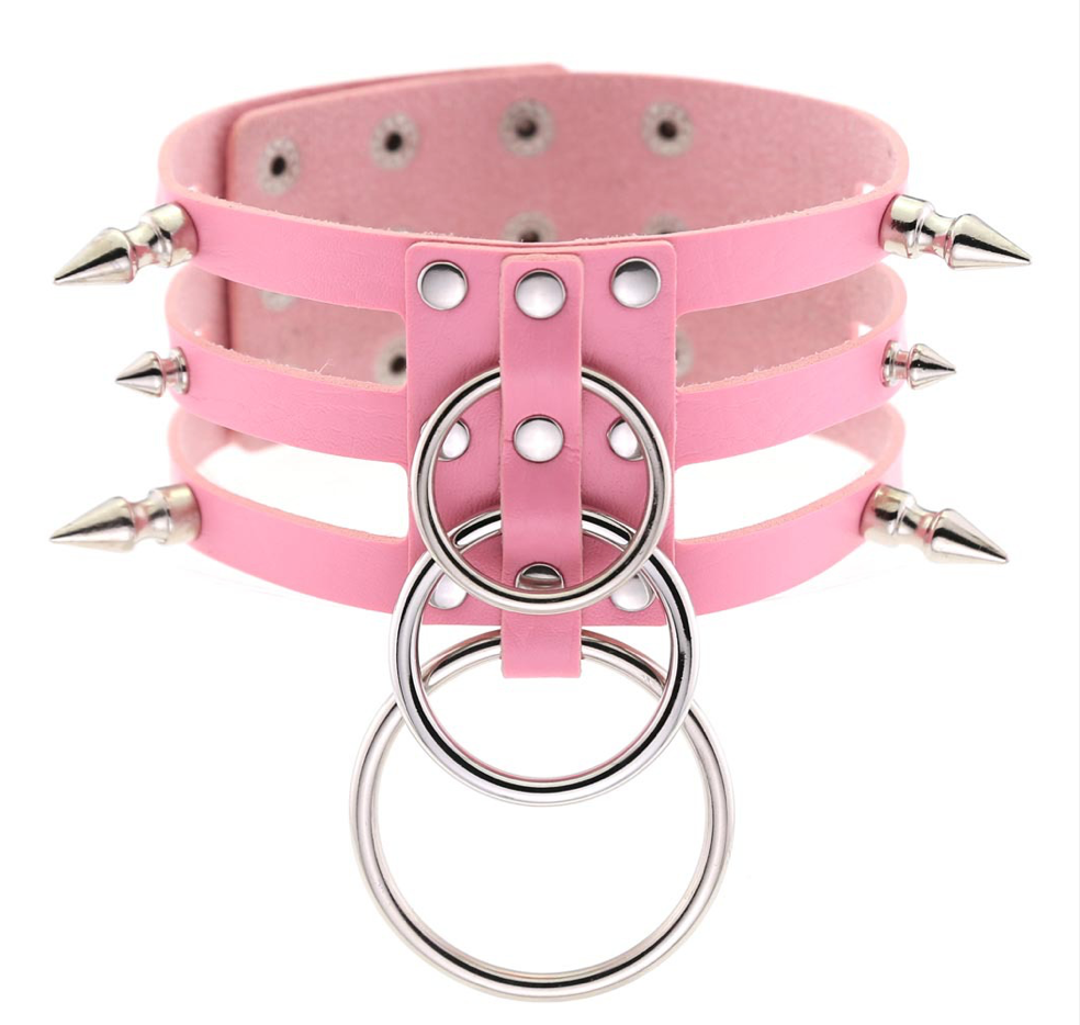 Triple Strap Pink Silver O ring Choker