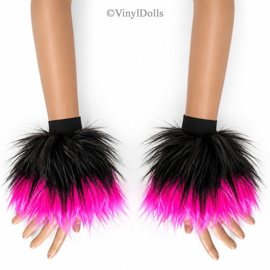 Black Hot Pink Furry Wrist Cuffs