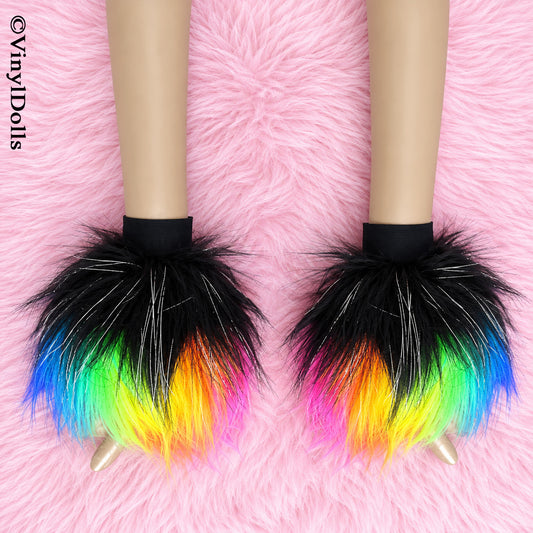 Glitter Black Rainbow Furry Wrist Cuffs
