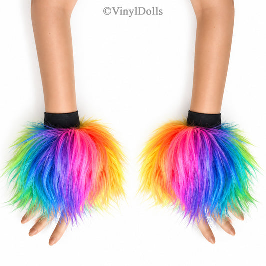 Rainbow Furry Wrist Cuffs