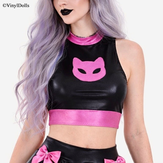 Shiny Black Pink Kitty Top