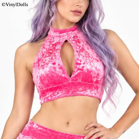 Candy Pink Crushed Velvet Keyhole Top