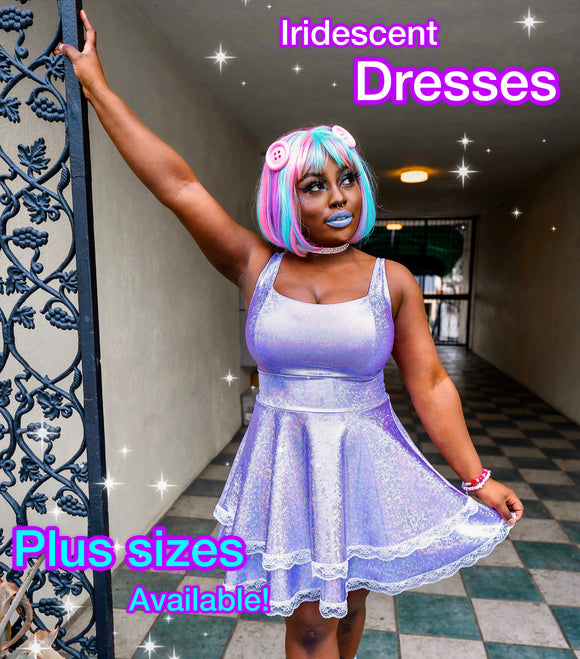 iridescent glitter rave dress, sparkle plus size festival dress, pastel kawaii dress, sparkly skater dress 