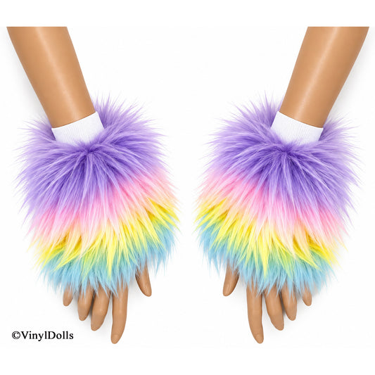 Pastel Rainbow Furry Wrist Cuffs